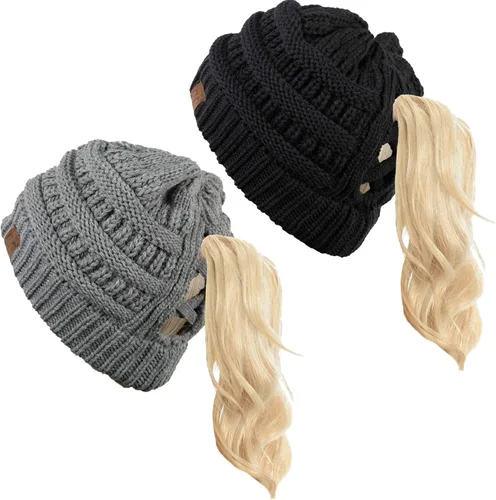Vista 14 de Funky Junque - Gorro de coleta para mujer – Gorro de invierno con cola de caballo cruzada para mujer, cálidos y lindos gorros de punto con cola