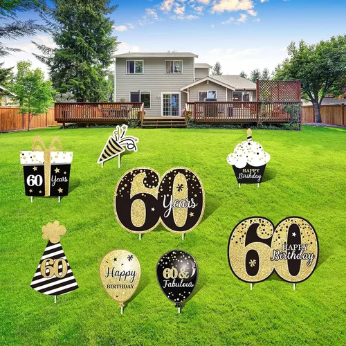 Vista 12 de Decoraciones de feliz cumpleaños 40 para hombres al aire libre 40 cumpleaños patio carteles con estacas negro y dorado 40 cumpleaños fiesta patio
