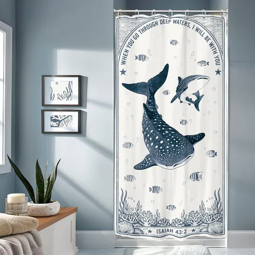 Vista 15 de Riyidecor Ocean - Cortina de ducha para niños, 60 pulgadas de ancho x 72 pulgadas de alto, diseño de ballena, dibujos animados, animales, delfín