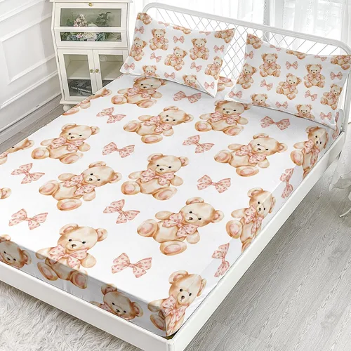 Vista 2 de AILONEN Lovely Bear - Juego de sábanas bajeras tamaño Queen, juego de ropa de cama con pajarita de dibujos animados para niños y niñas, sábana