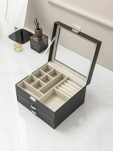 Vista 8 de AOSIFIEL Joyero de 3 capas organizador de joyas con tapa de cristal transparente, joyero para mujeres, adolescentes y niños, caja de almacenamiento