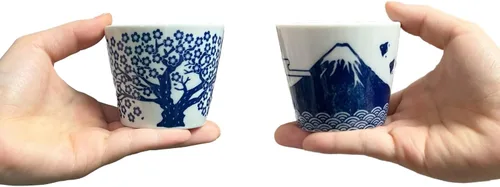 Vista 8 de Juego de 2 tazas de sake japonesas - Sakura y Monte Fuji Design, cerámica de color índigo, 3.9 onzas líquidas, para bebidas frías y calientes, taza