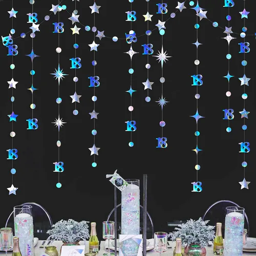 Vista 11 de Decoración de cumpleaños número 18 en negro, número 18 con punto circular, guirnalda de estrellas centelleantes, banderines de serpentina metálica