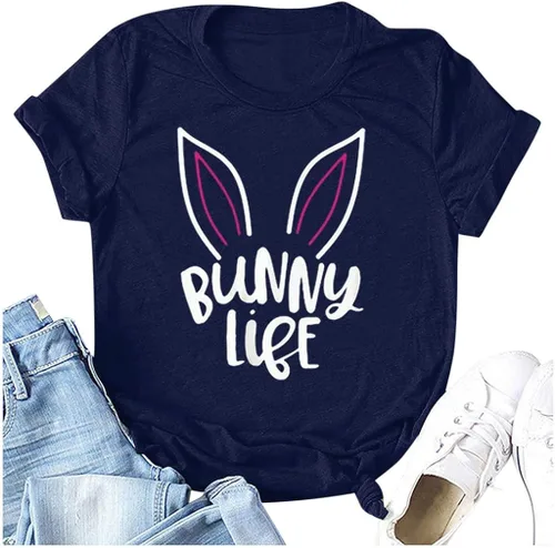 Vista 5 de Blusa de manga corta para mujer, cuello redondo, temperamento, para verano, ajustada, con estampado de Pascua