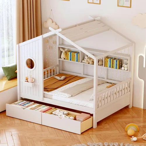 Vista 35 de Cama de casa con tienda y estantería, 2 cajones, carga USB Espresso-tt
