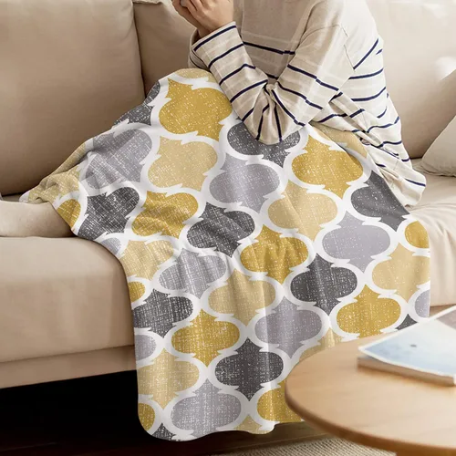 Vista 3 de Manta marroquí geométrica súper suave y acogedora de franela de forro polar, diseño retro amarillo gris, patrón marroquí abstracto, manta ligera
