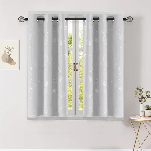Vista 81 de BUHUA Cortinas pequeñas para ventana de 36 pulgadas de largo, 2 paneles, cortinas opacas con elegantes ramas de árbol plateadas, cortinas de bloqueo