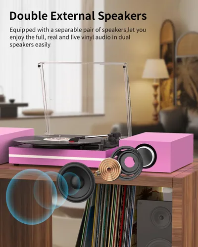 Vista 2 de Reproductor de discos de vinilo con dos altavoces externos, tocadiscos de transmisión por correa para discos de vinilo, altavoces estéreo duales