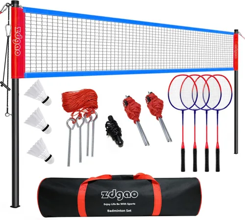Vista 9 de Zdgao Juegos de bádminton para patio trasero, red de bádminton portátil con ajustador de tensión, juego de 4 raquetas de bádminton, 3 volantes