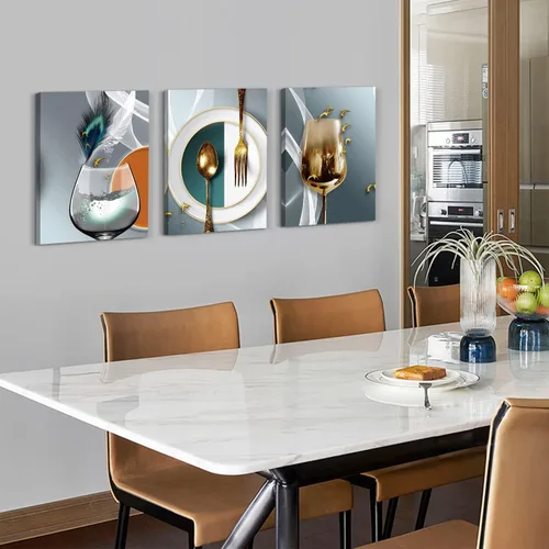 Vista 4 de AIYISU 3 piezas de arte de pared de cocina con copas de vino para decoración de pared del comedor Cuadros de copas de vino en teja, gris y oro