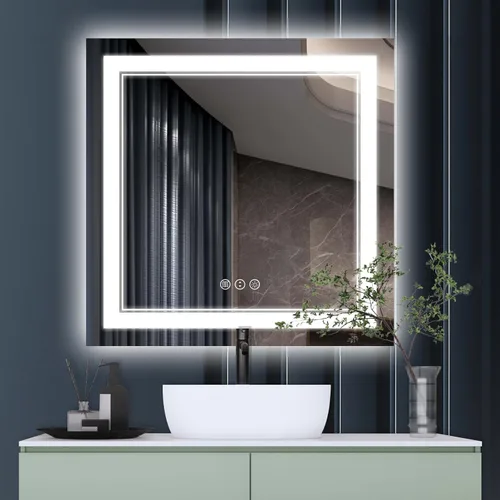 Vista 50 de Espejo de baño LED de 24 x 28 pulgadas, luz frontal y retroiluminada, antiniebla, regulable, espejo de tocador iluminado con memoria, espejo LED