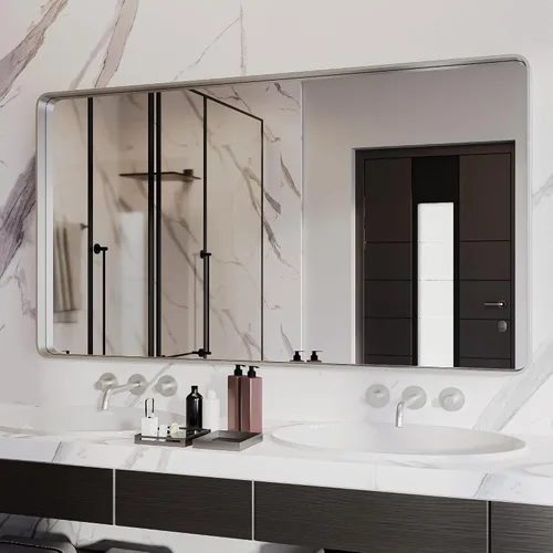 Vista 19 de ISKM Espejo con marco negro para pared de 20 x 16 pulgadas, espejo de tocador de baño antioxidante, vidrio templado, espejo rectangular redondeado