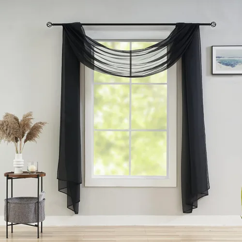 Vista 4 de poefun Cortinas transparentes negras para ventanas, toldo drapeado, cortina de cama, bufanda, camino de mesa de boda, sala de estar, dormitorio