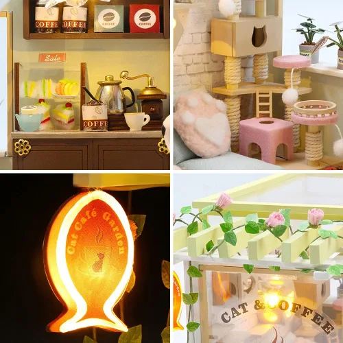 Vista 4 de Cat Cafe - Kit de casa de muñecas en miniatura de madera para mascotas, gatos, cafetería, accesorios de modelo de construcción con muebles, caja