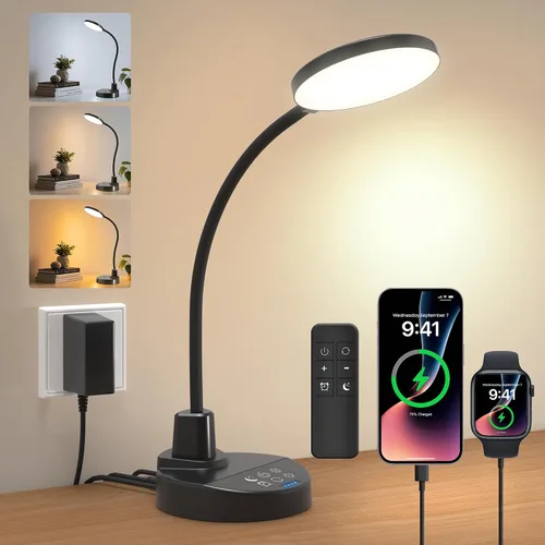 Vista 10 de Lámpara de escritorio LED de 15 W con puertos de carga USB, [botón y control remoto] Lámpara de mesa regulable con 3 modos de color, 5 niveles