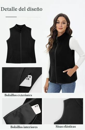 Vista 5 de Xeoxarel Chaleco de forro polar para mujer con 6 bolsillos, ligero para uso Negro