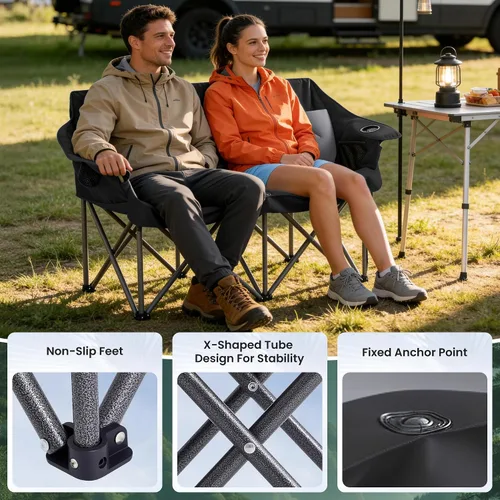 Vista 8 de Silla plegable doble de camping para 2 personas, resistente y de gran tamaño, soporta 800 libras con portavasos y bolsillo lateral para campamento