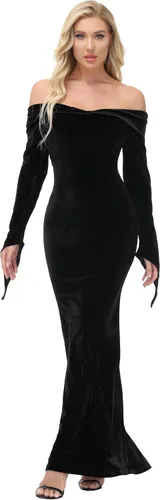 Vista 4 de YAOHUOLE Disfraz de Halloween Addams, disfraz de Pugsley de la familia con hombros descubiertos, vestidos de fiesta S-2XL, Negro