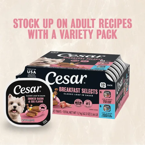 Vista 12 de Cesar Classic Loaf in Sauce - Alimento húmedo para perros adultos, sabor a tocino y huevo, comida húmeda para perros, bandejas fáciles de despegar