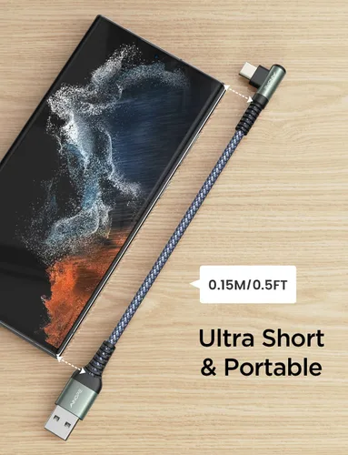 Vista 6 de AINOPE Cable USB C de 0.5 pies, cable de carga rápida tipo C de 3.1A en ángulo recto, cable de carga USB C trenzado de nailon duradero compatible