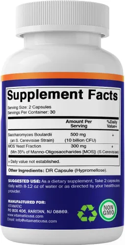 Vista 8 de Vitamatic Saccharomyces Boulardii Probiotic 10B por porción + extracto de levadura (fracción de levadura MOS) 300 mg - 60 cápsulas DR - Fabricado
