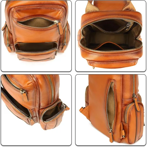 Vista 5 de Lieseh Bolso bandolera de cuero genuino para hombre, bandolera para hombro, pecho, mochila de viaje al aire libre