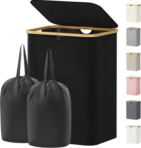 Vista 23 de Lifewit Cesta de lavandería de 80 litros con tapa, cestas de ropa para lavandería con asas de bambú y una bolsa de lavandería extraíble, cesta