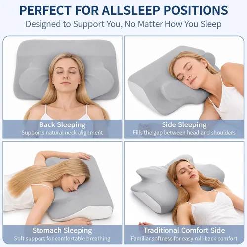Vista 6 de LeMotech Almohada cervical de doble cara, almohada ergonómica de espuma viscoelástica con lado cómodo tradicional, soporte de cuello para dormir