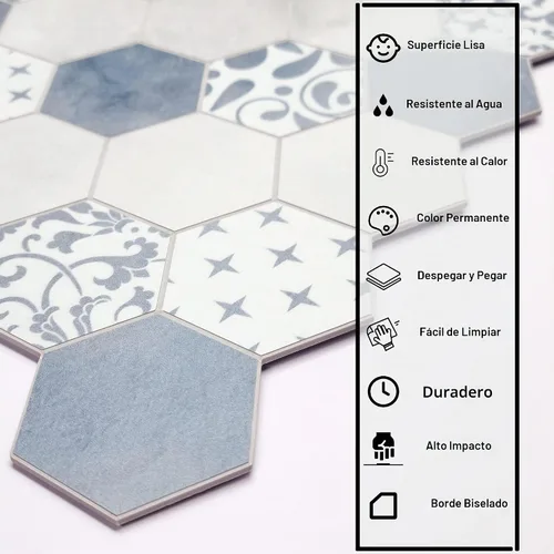 Vista 2 de The Tiles Plaza 10 Hojas de Azulejos Despegar y Pegar para Salpicadero, Aspecto de Mármol Compuesto de Piedra Hexagonal de Cemento Azul Autoadhesivo