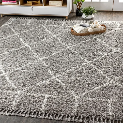 Vista 9 de JONATHAN Y Mercer Shag - Alfombra de pasillo de felpa con borlas, azul/crema, 2 x 8 pulgadas, enrejado geométrico marroquí, fácil limpieza para sala