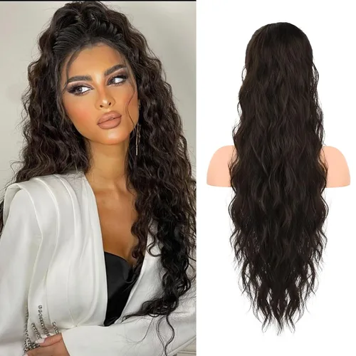 Vista 16 de HOOJIH Extensión de cola de caballo, extensiones de cabello con cordón para cola de caballo de 26 pulgadas de largo, pelo rizado y ondulado natural