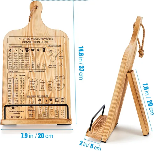 Vista 2 de Housejoy Soporte de madera para libros de cocina con 2 delantales, soporte ajustable para encimera de cocina, soporte de madera resistente con tabla