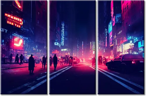 Vista 13 de Arte de pared de 3 piezas de escena de ciencia ficción de la calle comercial futurista paisaje urbano, decoración de pared para dormitorio