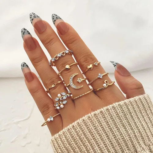 Vista 3 de INENIMARTJ Anillos apilables de nudillos bohemios para adolescentes, para mujer, múltiples anillos apilables de perlas de diamantes de imitación