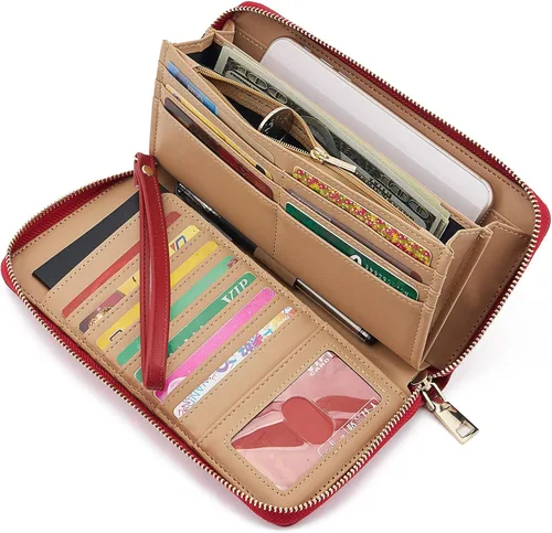 Vista 2 de WOZEAH - Cartera de piel sintética con cremallera y bloqueo RFID para mujer, ideal para viajar