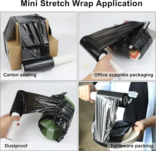 Vista 5 de BOMEI PACK 1 rollo industrial negro mini elástico con asa de 5 pulgadas x 1000 pies, calibre 80, resistente y duradero, autoadherente para embalaje