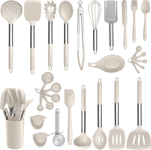 Vista 14 de E-far Juego de utensilios de cocina de silicona, 7 piezas de utensilios de cocina resistentes al calor con mango de acero inoxidable, espátula