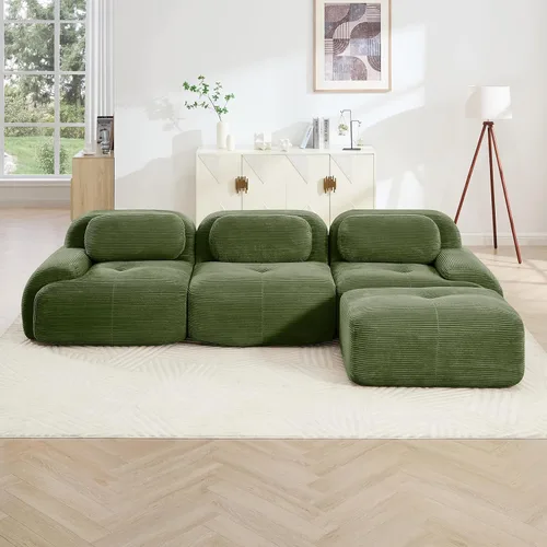 Vista 3 de Sofá moderno comprimido sin armazón de 116 pulgadas con otomana, sofás seccionales grandes en forma de L de 3 plazas para sala de estar, sofá Verde