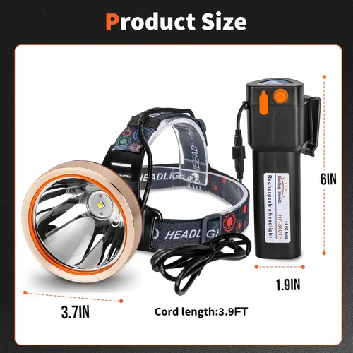 Vista 5 de Linterna de cabeza LED recargable de alta potencia - linterna frontal ajustable impermeable, linterna frontal de manos libres para camping