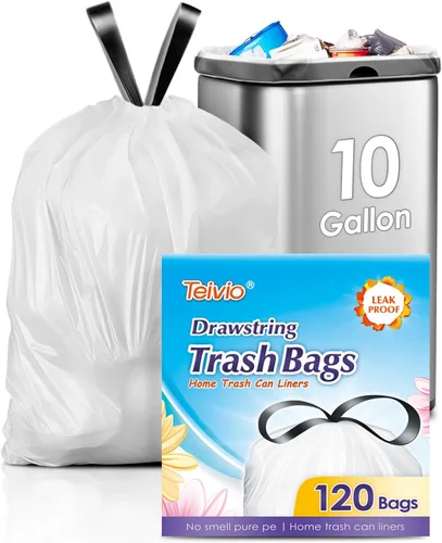 Vista 29 de Bolsas de basura de 7 galones, 100 unidades, bolsas de basura con cordón resistentes de Teivio, bolsas para papeleras de baño, bolsas de plástico