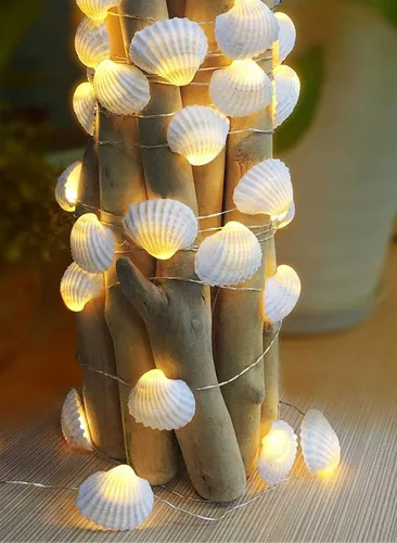 Vista 6 de Conchas marinas naturales, guirnalda de luces de 40 LED, decoración de playa, USB, con 8 modos, control remoto, impermeables, luces de hadas