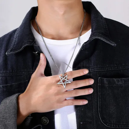 Vista 6 de TempBeau Collar con colgante de pentagrama satánico Baphomet Cadena de eslabones de pentáculo invertida hecha a mano, iglesia satanista, punk