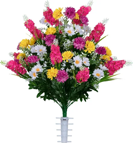 Vista 22 de Sympathy Silks Flores artificiales para cementerios – Decoraciones para tumbas - 1 ramo de flores silvestres de violeta púrpura y naranja, 1 montura