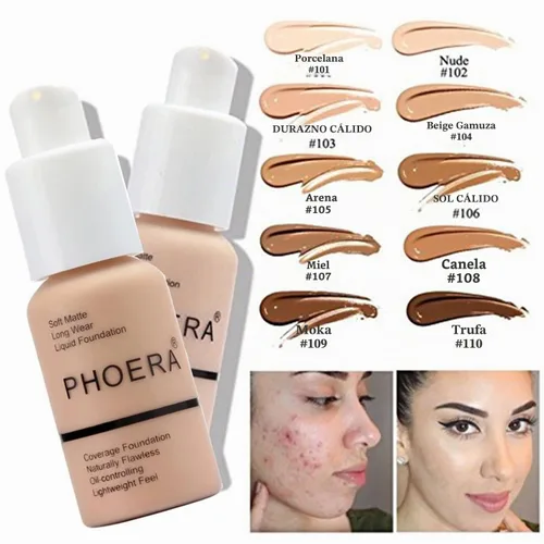 Vista 2 de PHOERA - Base de maquillaje mate de cobertura completa, brochas de maquillaje Kabuki (101 porcelana + 102 desnudos)