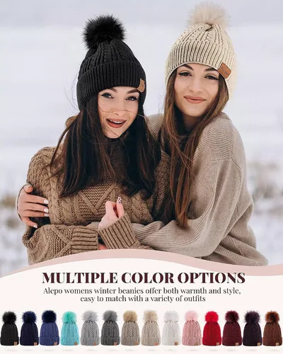 Vista 6 de Alepo Womens Winter Beanie Hat, Warm Fleece Lined Knitted Soft Ski Cuff Cap with Pom Pom