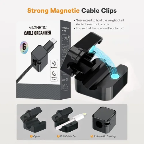 Vista 6 de Paquete de 6 soportes magnéticos para cables negros, clips adhesivos para cable de escritorio y automóvil, organizador de cables para mesita