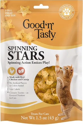 Vista 2 de Good 'n' Tasty Spinning Stars - Golosinas para gatos, bolsa de 1.5 onzas, regalo 2 en 1 y juguete hecho con pollo real, hígado de pollo y hierba