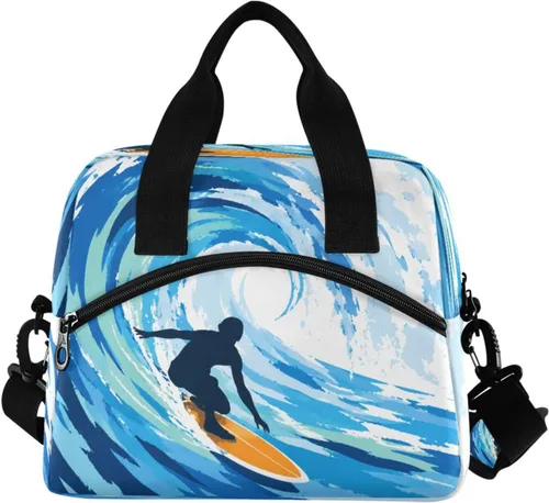 Vista 2 de Blueangle Bolsa de almuerzo aislada con estampado de acuarela con correa de hombro desmontable y asa de transporte, bolsa de mano ecológica