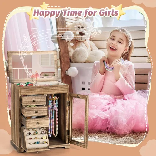 Vista 3 de Miratino Joyero musical para niñas, joyero para niños con bailarina giratoria, 5 capas grandes de madera, cajas de joyería y organizadores, regalos