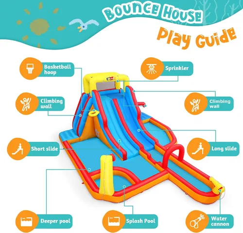 Vista 3 de Mega parque inflable de toboganes de agua, gran casa de rebote para niños de 5 a 12 años, tobogán acuático con pared de escalada, dos toboganes